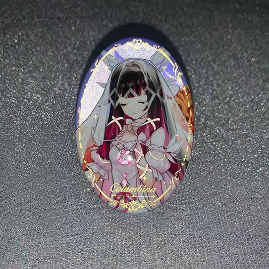Anime character brooch with 'Columbina' branding on a dark background