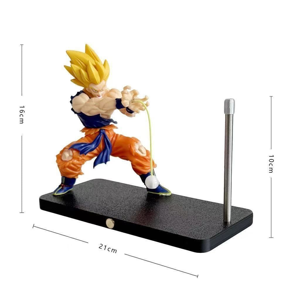 Figure of a character in an orange and blue outfit with dimensions displayed