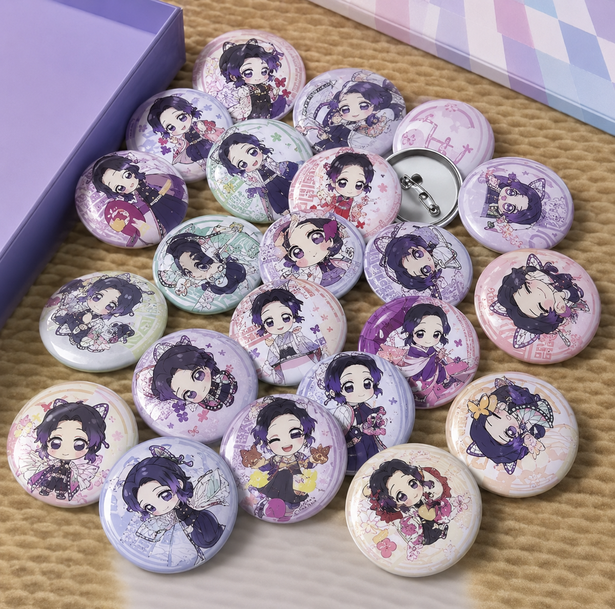 Collection of round buttons with cartoon character designs on a textured surface.