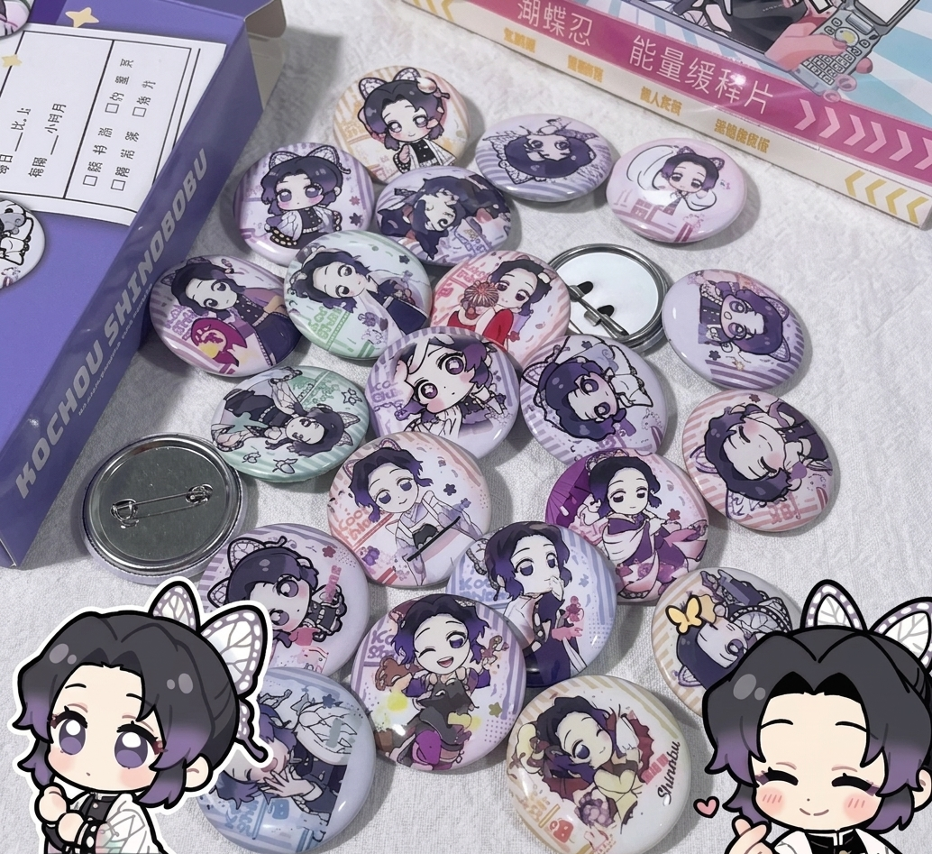 Collection of animated character buttons with a visible brand name on a white surface.