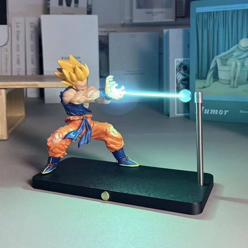 Action figure on a stand with a glowing effect in a room setting