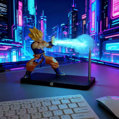 Super Saiyan Goku figurine in a futuristic cityscape with neon lights
