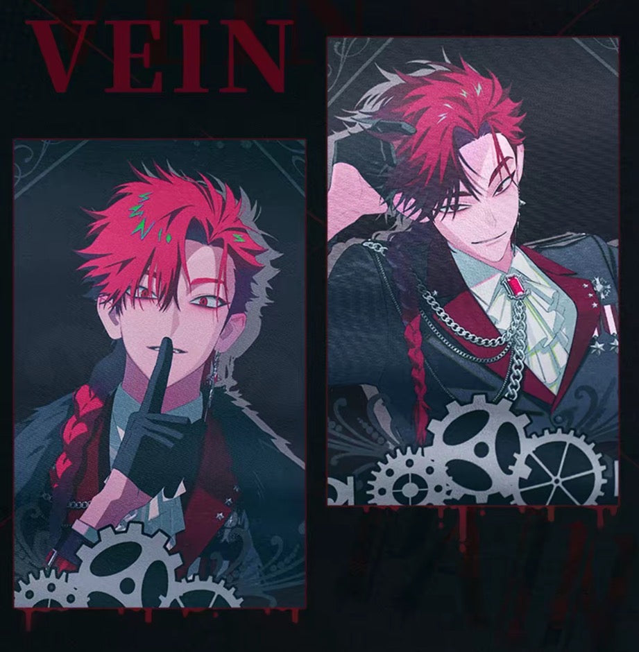 Two anime-style character posters with red hair and mechanical elements, featuring the brand 'VEIN'.