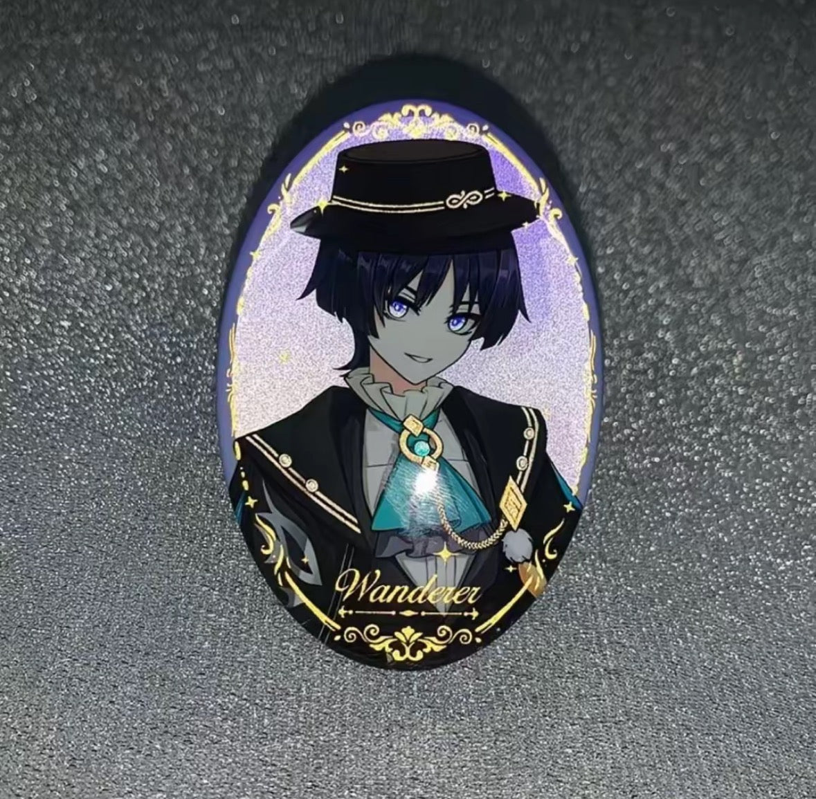 Cameo with a character in formal attire on a textured gray background