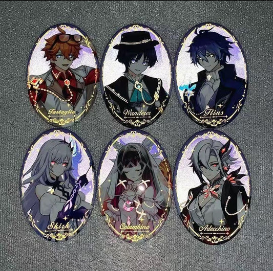 Set of six oval-shaped character illustrations with names on a gray background