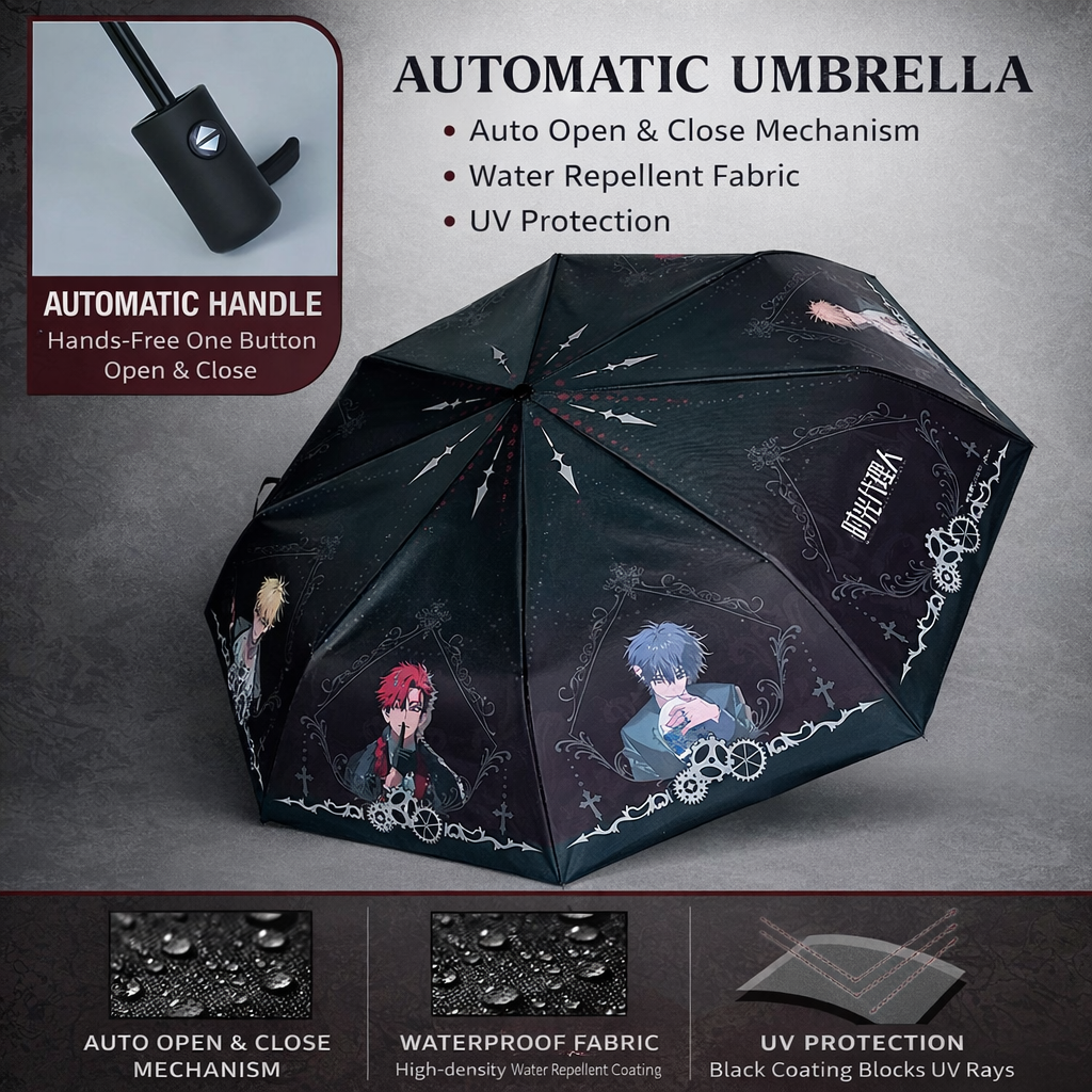 Anime-themed umbrella with automatic handle on a gray background