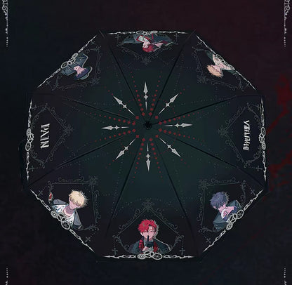 Umbrella with anime character illustrations on a dark background