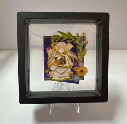 Decorative framed artwork with a character holding a book and surrounded by flowers on a white background.