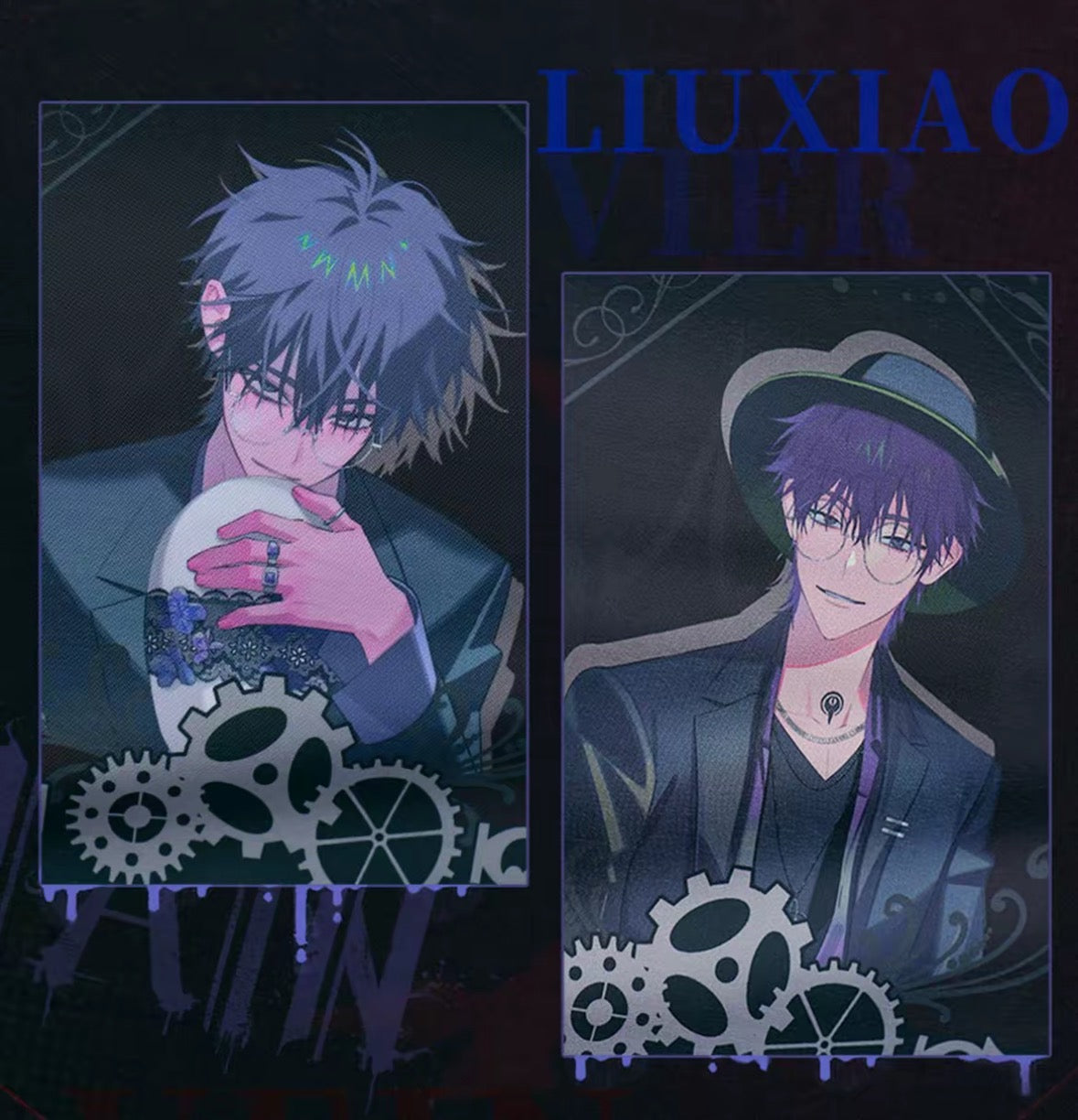 Two anime-style character cards with gears and a dark background, featuring the name 'LIUXIAO'.