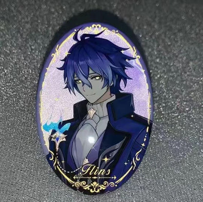 Character with blue hair and outfit on a decorative card with gold accents
