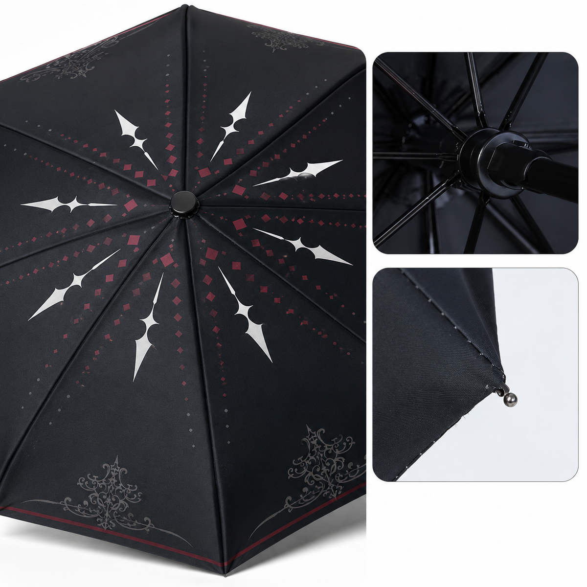 Black umbrella with decorative patterns on a white background
