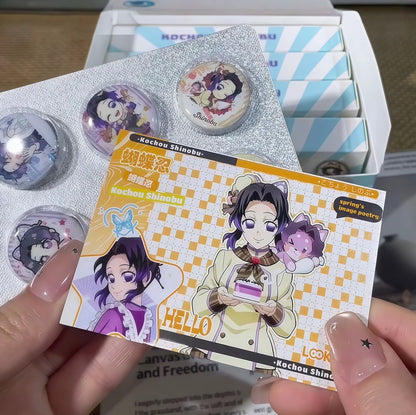 Anime character card with related figurines held by a person