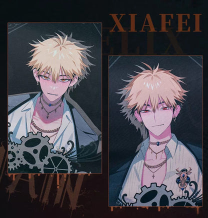 Two anime-style portraits of a character with spiky hair and mechanical designs, featuring the name 'XIAFEI'.