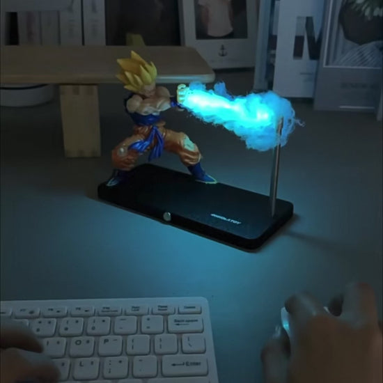 Super Saiyan Goku figurine in a futuristic cityscape with neon lights