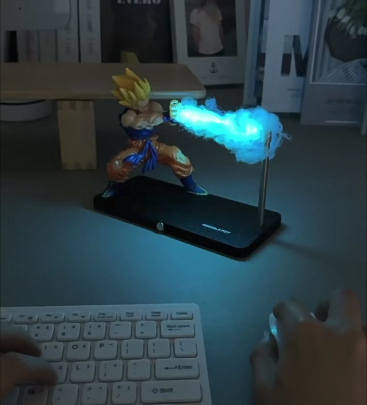 Super Saiyan Goku figurine in a futuristic cityscape with neon lights